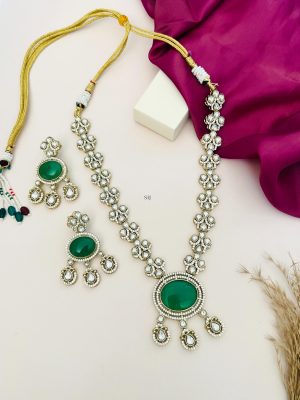 Gold Plated Green &White Polki American Diamond Necklace