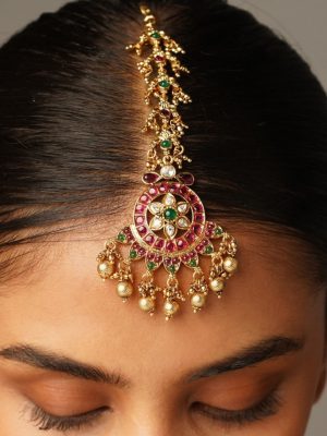 Gold Plated Kemp Stones Beaded Temple Maang Tikka