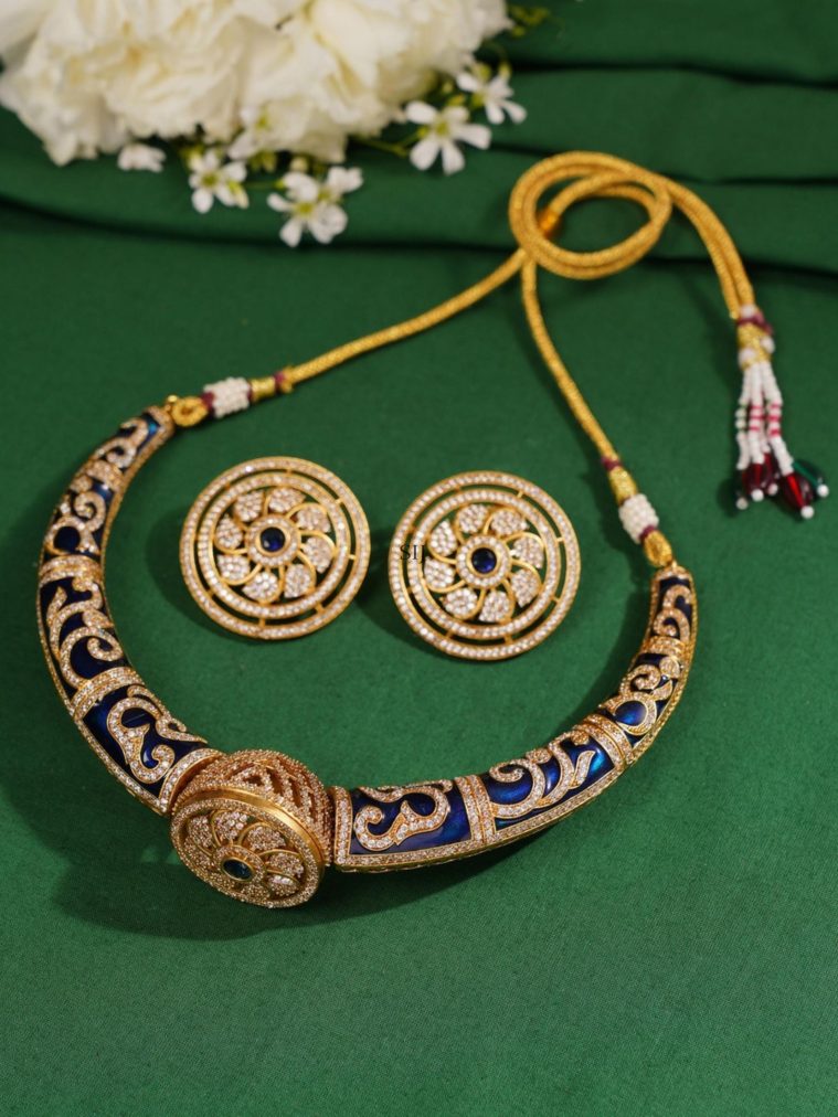 Gold Plated Meenakari AD & Royal Blue Hasli Necklace Set