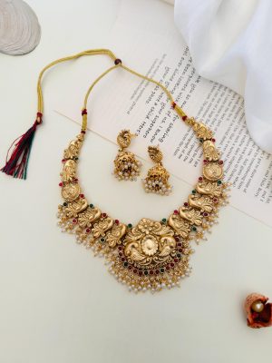 Gold Plated Peacock Design Pearl Drop Necklace