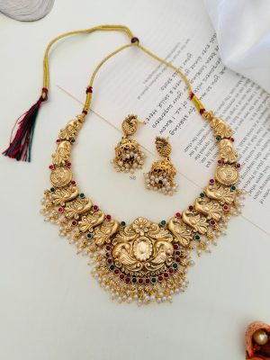 Gold Plated Peacock Design Pearl Drop Necklace