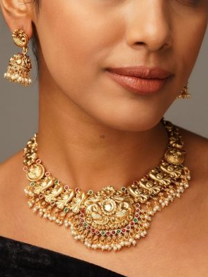 Gold Plated Peacock Design Pearl Drop Necklace