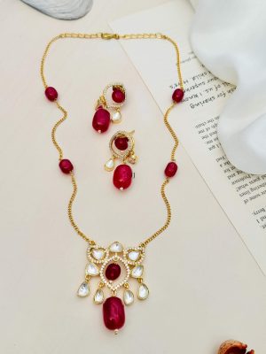 Gold Plated Ruby Beaded Chain & Pendent Set