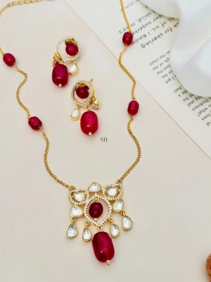 Gold Plated Ruby Beaded Chain & Pendent Set