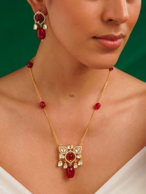 Gold Plated Ruby Beaded Chain & Pendent Set