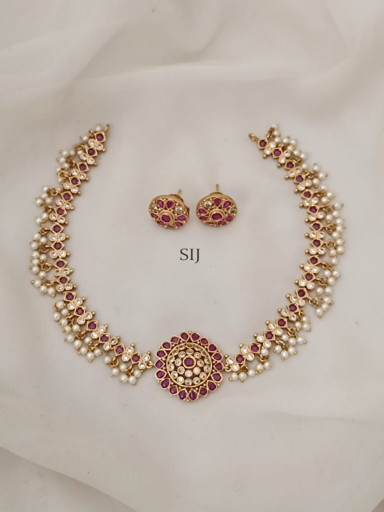 Gold Plated Ruby Stones Pearl Necklace