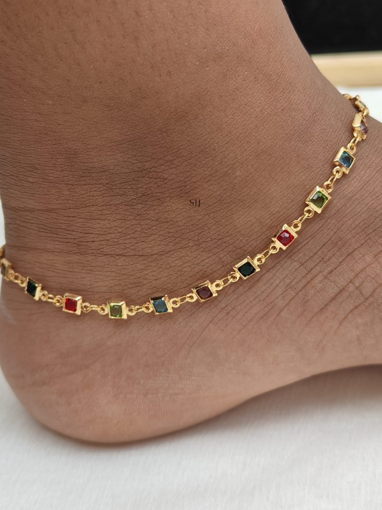 Gold Plated Square Shaped Multicolor Stones Anklets