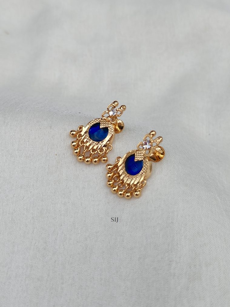 Gold Polish Blue Stone Kerala Style Earrings