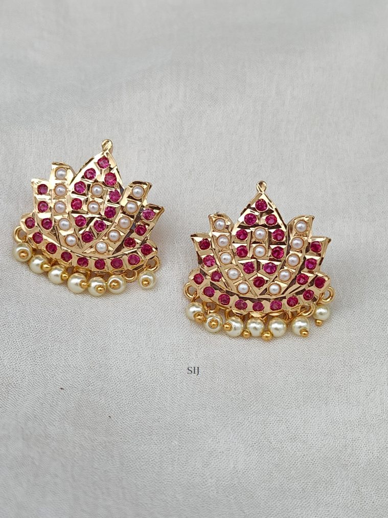 Gold Toned Lotus Design Pink Stones &Pearl Earrings