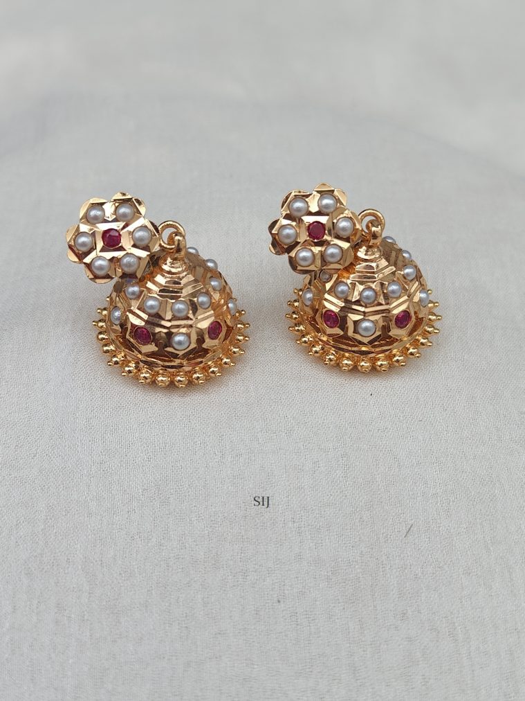 Gold Finish Pearl and Pink Stones Jhumkas