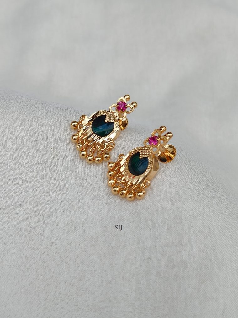 Gold Toned kerala Style Pink & Olive Green Stone Earrings