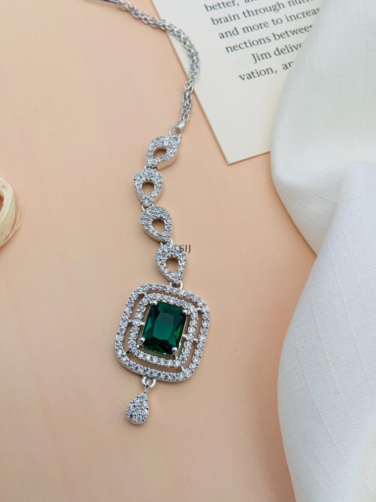 Green American Diamond Silver Plated Maang Tikka