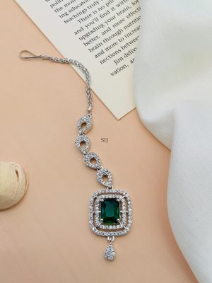 Green American Diamond Silver Plated Maang Tikka