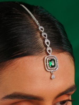 Green American Diamond Silver Plated Maang Tikka