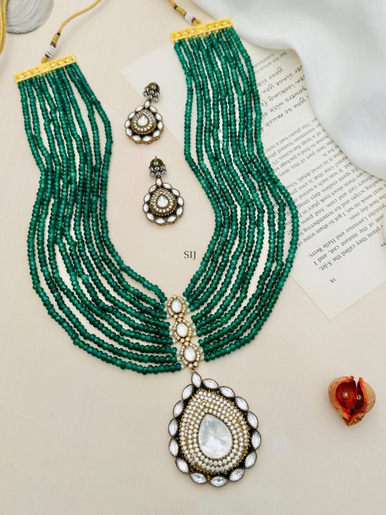 Green Beaded Layered Polki AD Long Necklace