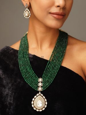 Green Beaded Layered Polki AD Long Necklace