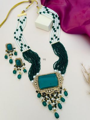 Green Emerald Beaded Gold Plated Polki AD Necklace