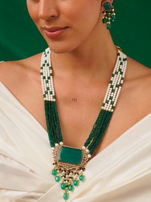 Green Emerald Beaded Gold Plated Polki AD Necklace