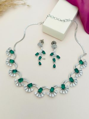 Green Floral Silver Plated American Diamond Necklace