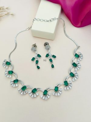 Green Floral Silver Plated American Diamond Necklace