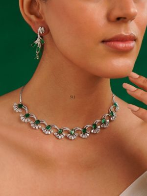 Green Floral Silver Plated American Diamond Necklace