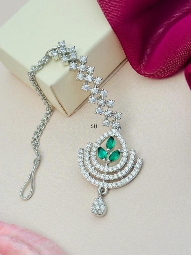 Green Stone Silver Plated AD Studded Maang Tikka