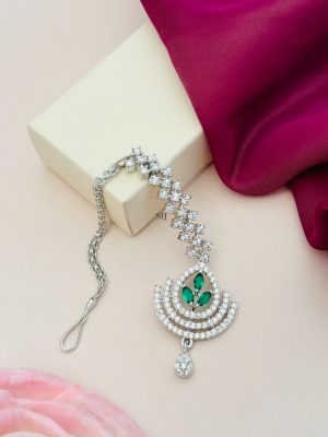 Green Stone Silver Plated AD Studded Maang Tikka