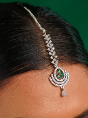 Green Stone Silver Plated AD Studded Maang Tikka