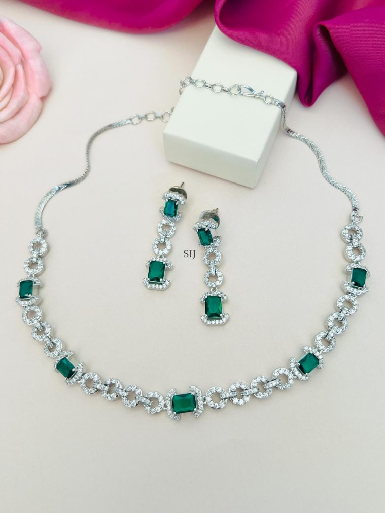 Green Stones Rectangle Shaped Silver Plated AD Necklace