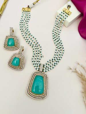 Green &White Beaded Gold Plated Polki AD Necklace