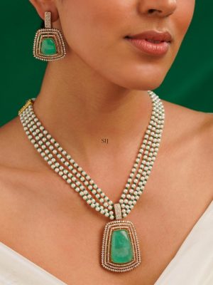 Green &White Beaded Gold Plated Polki AD Necklace