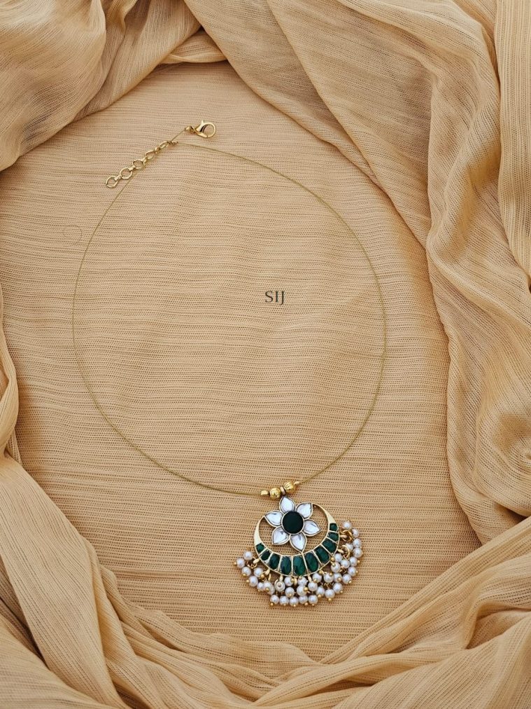 Green and White Jadau Kundan Half Moon Invisible Necklace