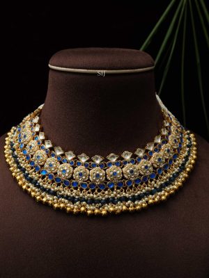 Gold Plated Blue Polki Stones Necklace with Pearls and Golden Balls