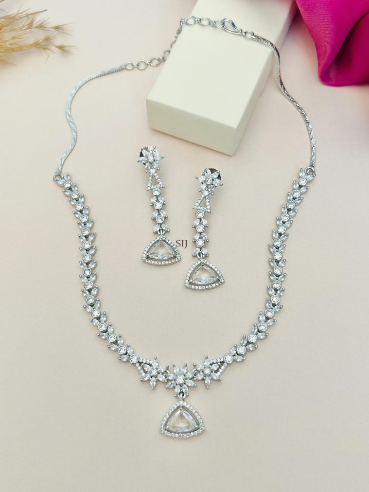 Leaf Design Silver Plated American Diamond Necklace