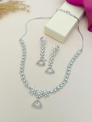 Leaf Design Silver Plated American Diamond Necklace