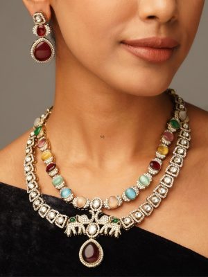 Multicolor Elephant Polki American Diamond Necklace