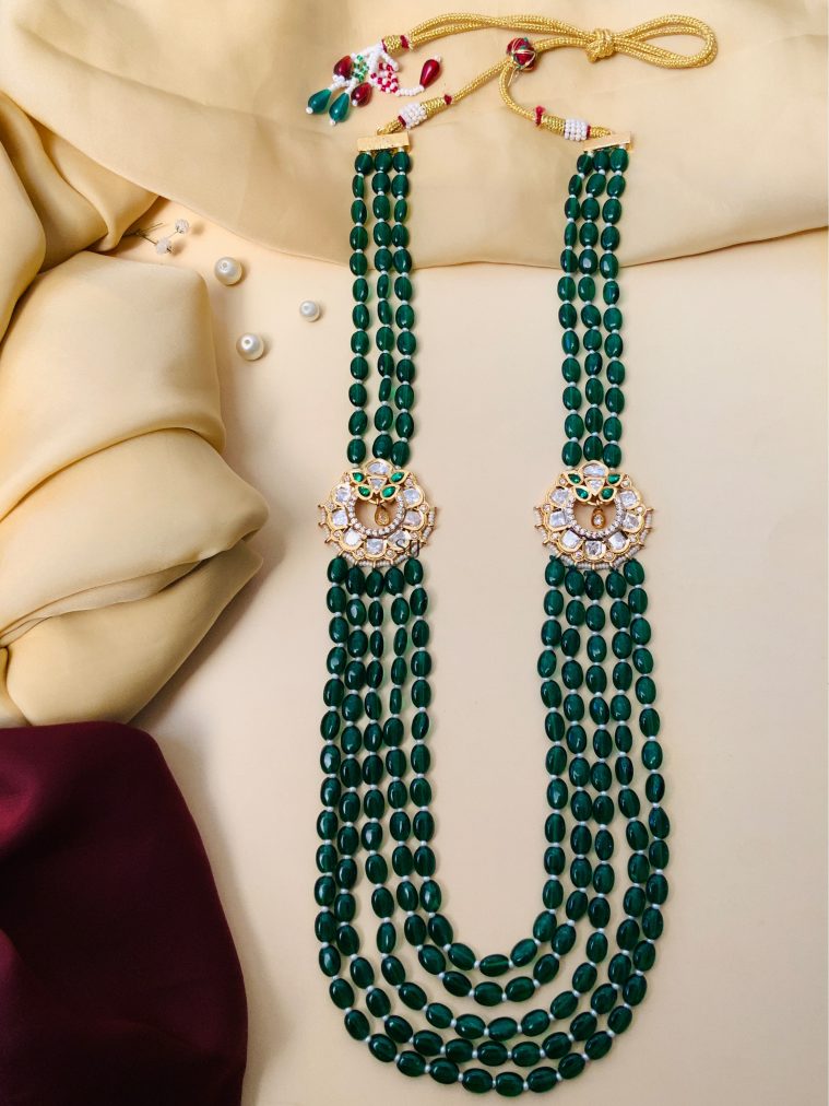 Multilayered Green Beaded Long Necklace Set