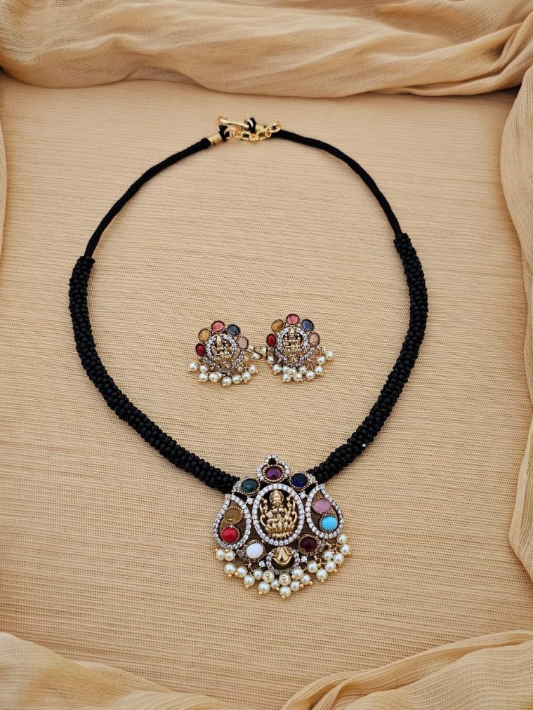 Navarathna Stone Lakshmi Pendant with Black Hydro Beads Necklace