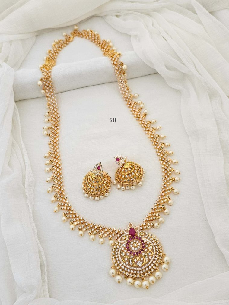 One Gram Gold CZ Stone Haram with Pearl Hangings