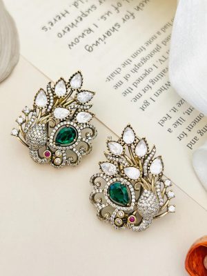 Peacock Design Polki Green &AD Stones Ear Studs