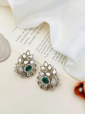 Peacock Design Polki Green &AD Stones Ear Studs