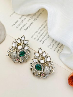 Peacock Design Polki Green &AD Stones Ear Studs