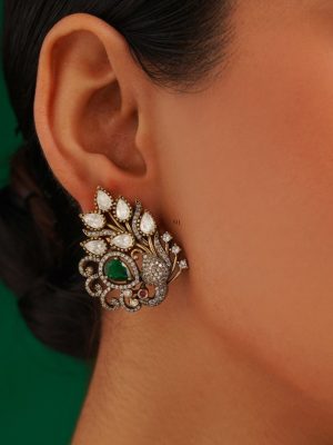 Peacock Design Polki Green &AD Stones Ear Studs