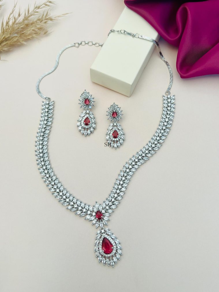 Pink Ruby Silver Plated American Diamond Necklace