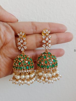 Red & Green Stones Jhumkas with Pearl Drops