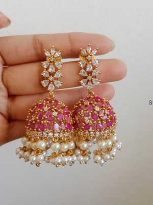 Red & Green Stones Jhumkas with Pearl Drops