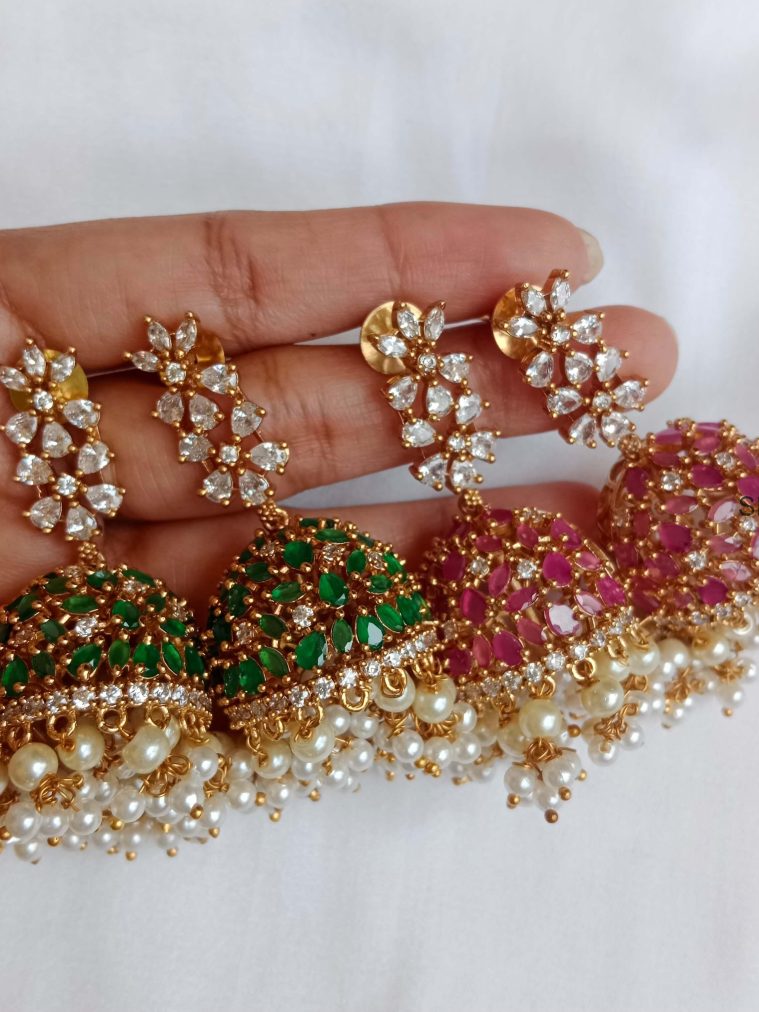 Red & Green Stones Jhumkas with Pearl Drops