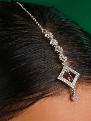 Red Stone Silver Plated AD Maang Tikka