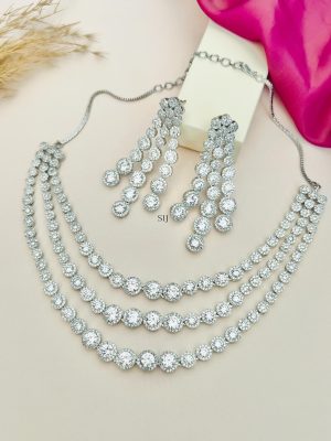 Round Shape Stones 3 Layered Silver Plated AD Necklace Set