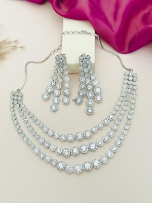 Round Shape Stones 3 Layered Silver Plated AD Necklace Set